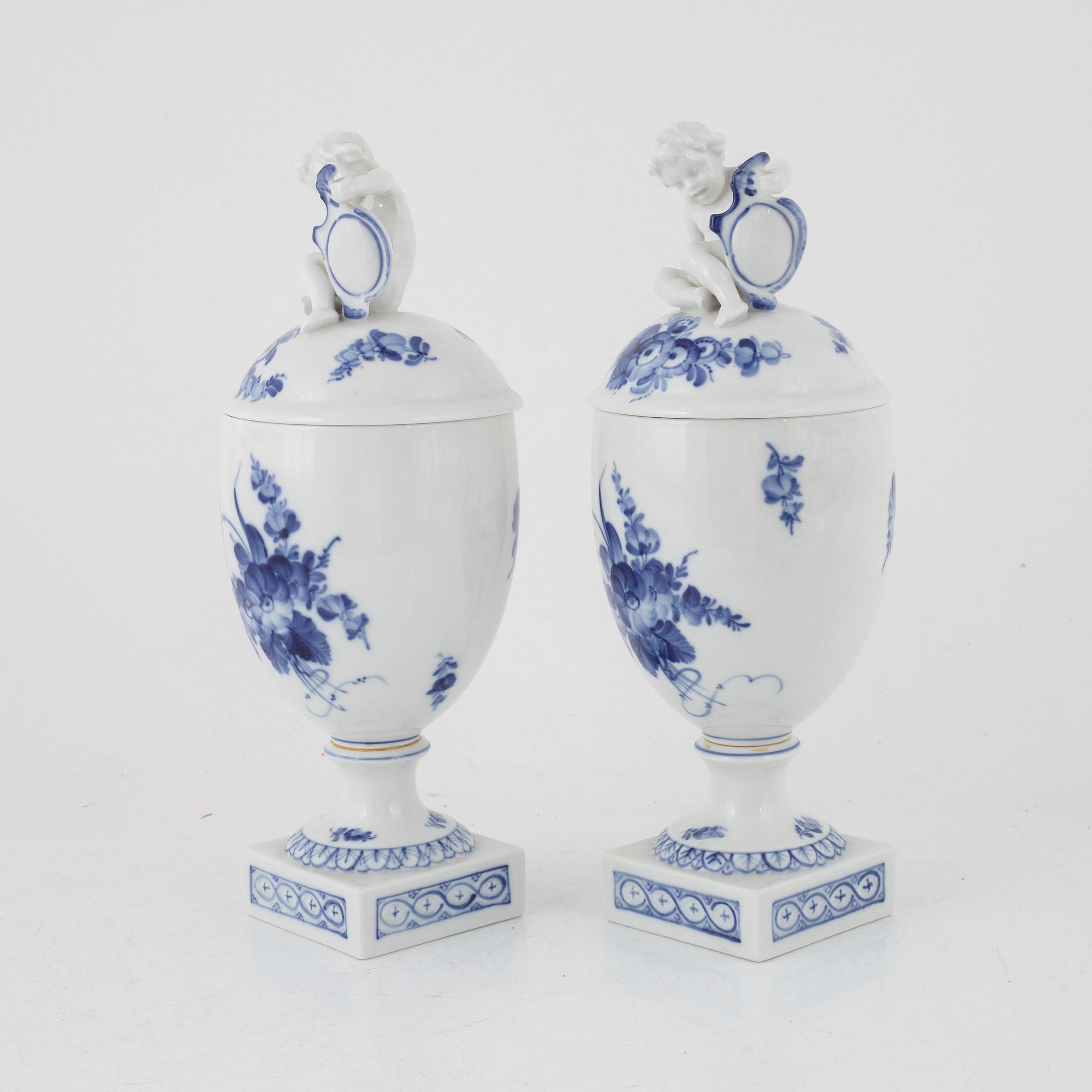 A pair of 'Blå Blomst' porcelain lidded urns, Royal Copenhagen, Denmark.