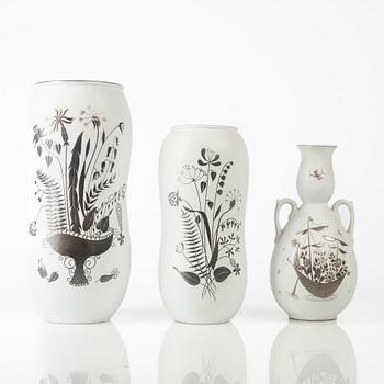 Stig Lindberg, three "Grazia" stoneware vases, Gustavsberg, Sweden, 1946-68.