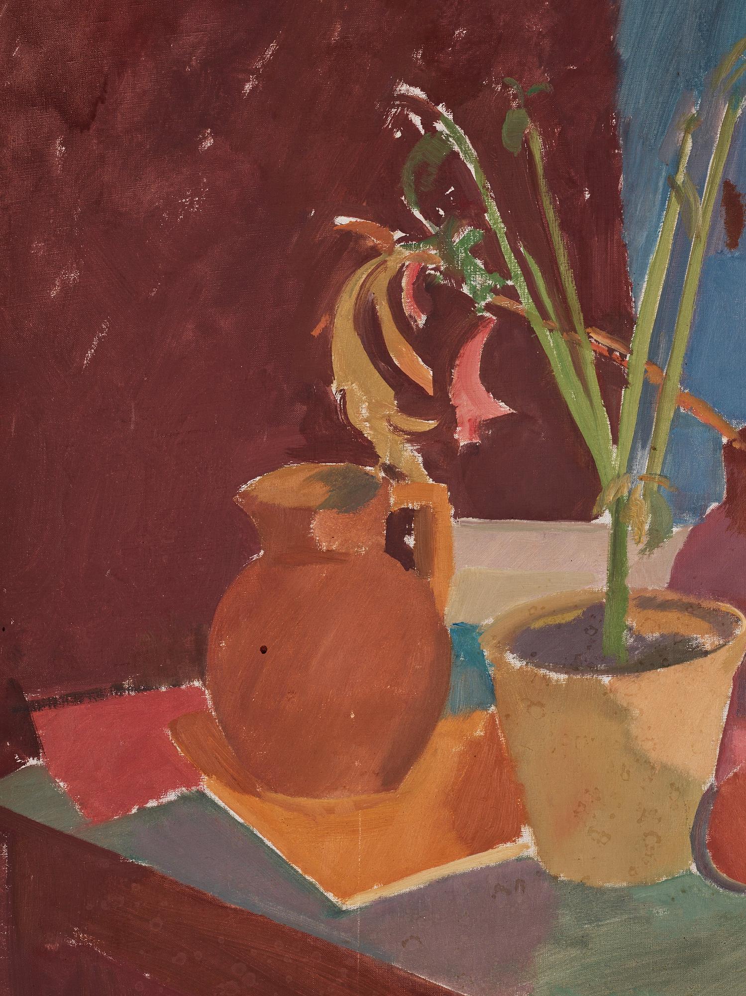Karl Isakson, "Nature morte med blommor i grå kruka, grön vas, frukter och böcker".