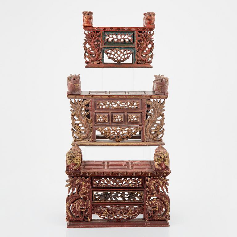 Tree red lacquer and gilded altar tables, Indonesia, Jakarta, 20th Century.