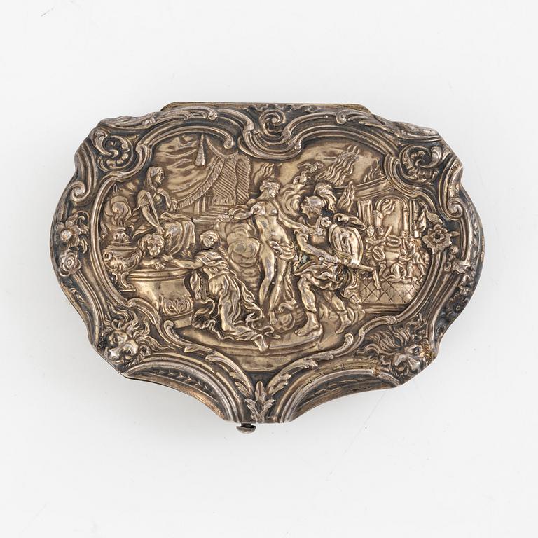 A silver and enamel box, circa 1900.