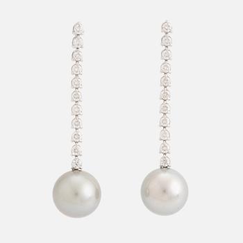 Tahit pearl and brilliant-cut diamond earrings.