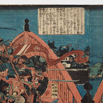 UTAGAWA YOSHITORA, two coloured woodblock prints, triptych, Japan, late 19th century.