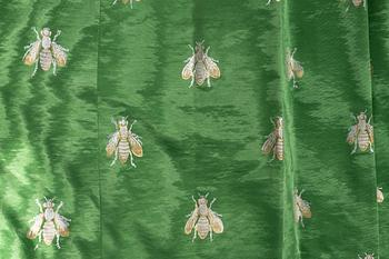 Curtain, patterned emerald green silk.