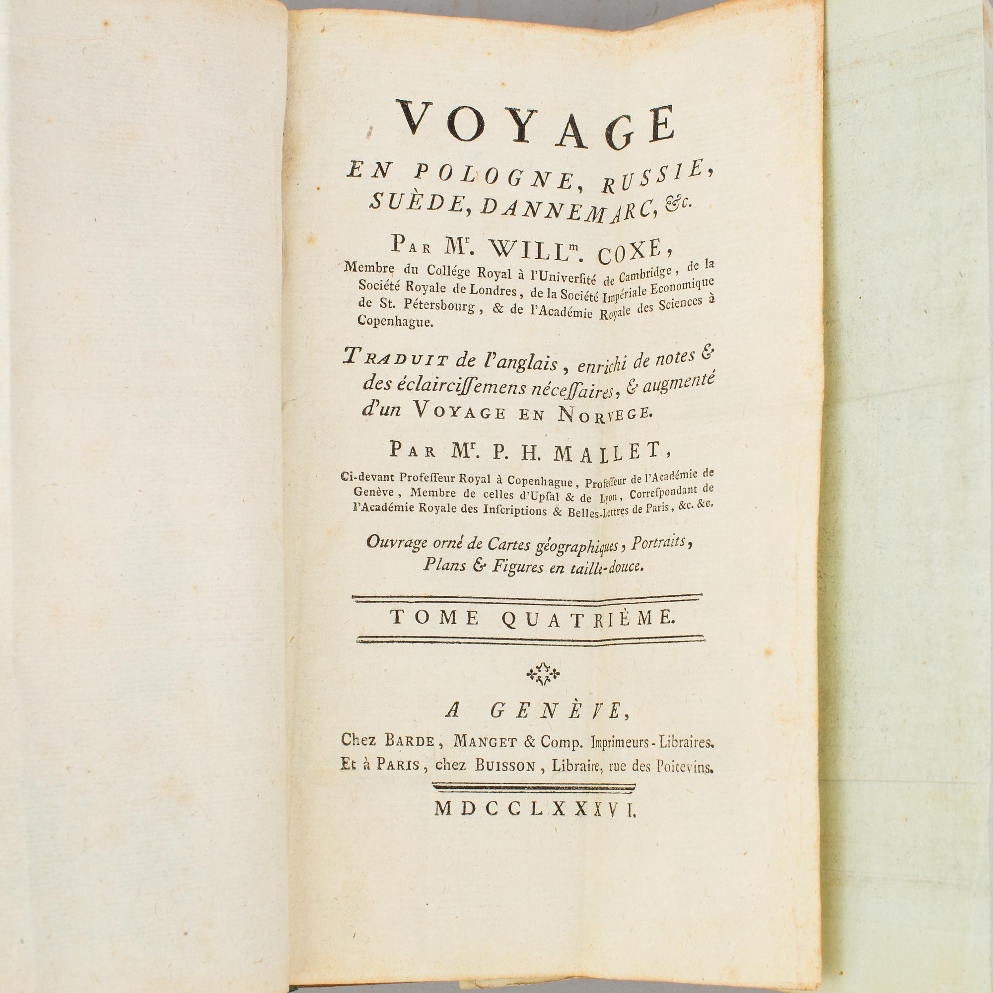 A set of 4 book, William Coxe: Voyage en Pologne, Russie, Suède, Dannemarc,  1-4 vol.   Buisson, Genève, Buisson, 1786.