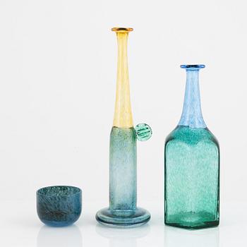 Bertil Vallien, a glass vase, a bottle and a bowl, Kosta Boda.