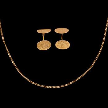 MANSCHETTKNAPPAR samt KEDJA, 18k guld, bla. Gustav Dahlgren, Malmö, 1914. Total vikt ca 13 gram.