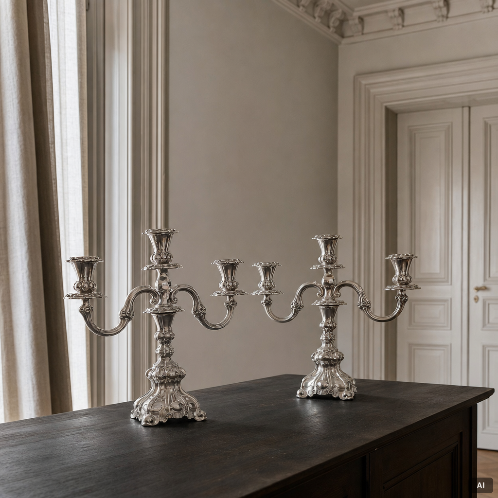 A pair of silver candelabra, Baroque style, Swedish import mark, 20th century.