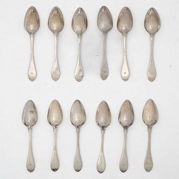 Johan Petter Grönvall, matskedar, 12 st, silver, gammalsvensk modell, Stockholm 1816.