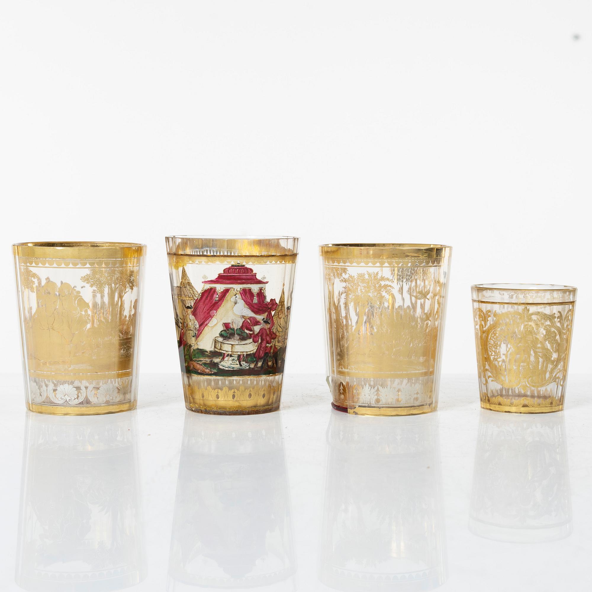 Four zwischengoldglas glasses, three of historic style from around the year 1900, one older.