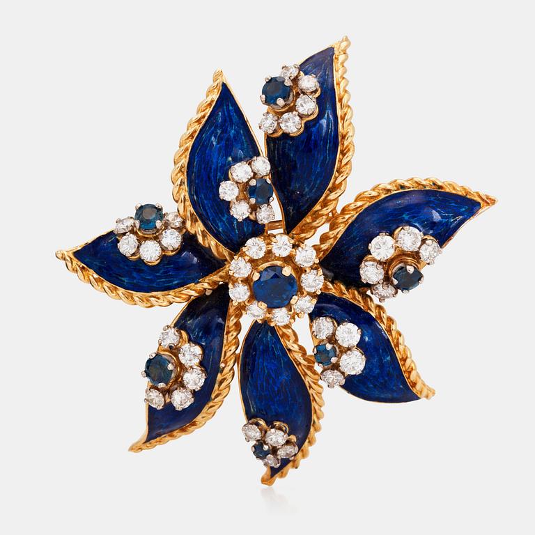 A pair of earrings and a brooch signed Kutchinsky, with enamel, diamonds and sapphires.