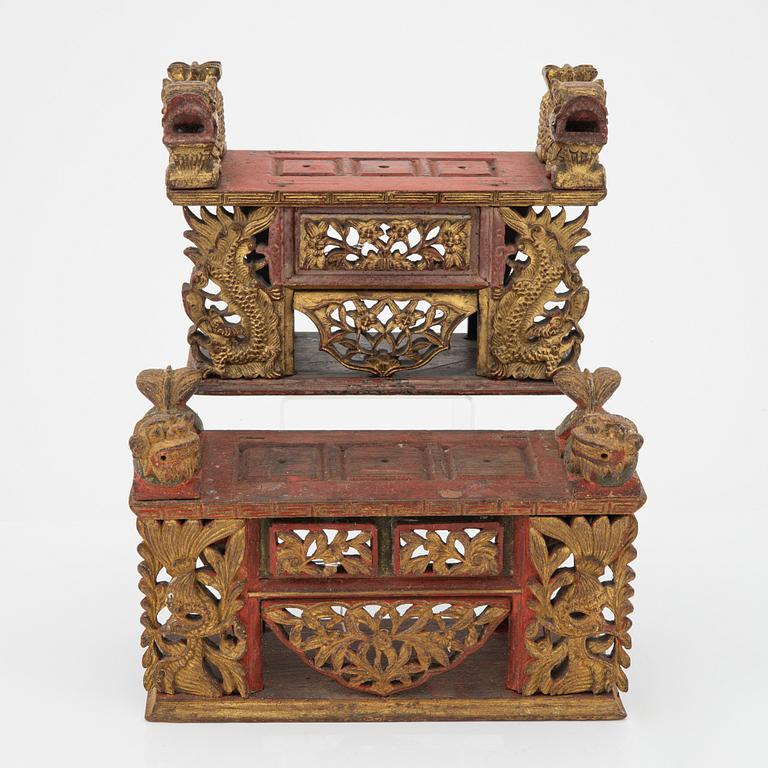 Two red lacquer and gilded altar tables, Indonesia, Jakarta, 20th Century.