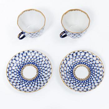 Tweleve coffee cups and saucers, 'Cobalt Net', Lomonosov.