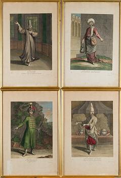 EIGHTEEN ENGRAVINGS, from Le Recueil Ferriol, ca 1714, hand coloured.