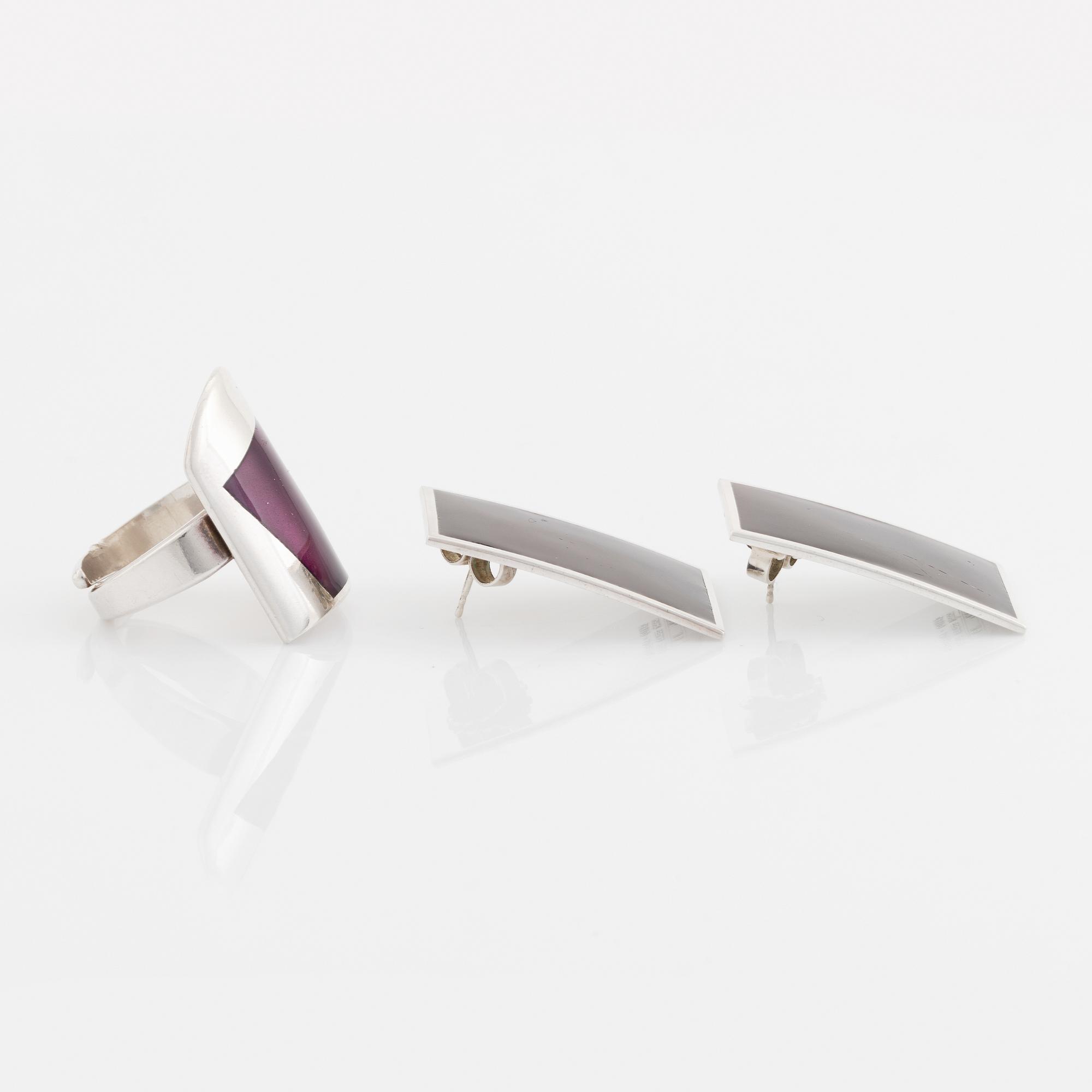 Marianne Berg, David Andersen, ring and earrings, sterling silver and purple enamel. 1960-70's.