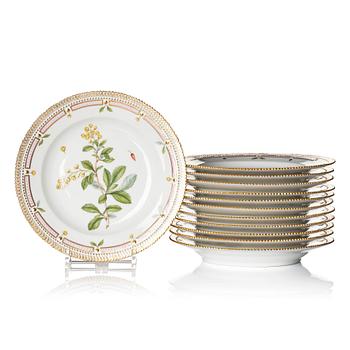 232. Tallrikar, 12 stycken, porslin. "Flora Danica", Royal Copenhagen, Danmark, 1900-tal.