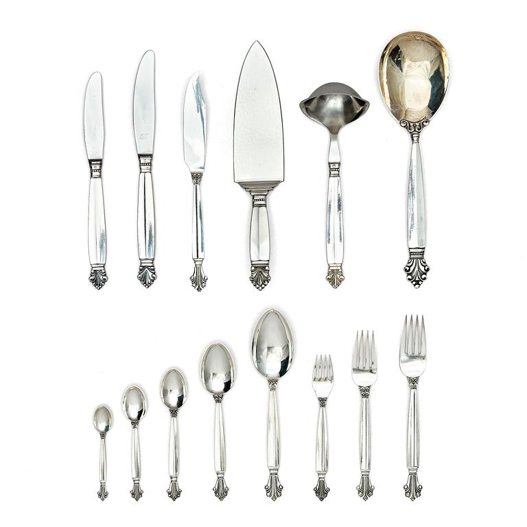 Georg Jensen, a sterling silver flatware set, 135 pieces, 'Dronning/Acantus', design Johan Rohde, Copenhagen, Denmark after 1945.
