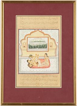 Oidentifierad konstnär, Erotiska scener i interiörer, Indien, 1900-tal. Två stycken.