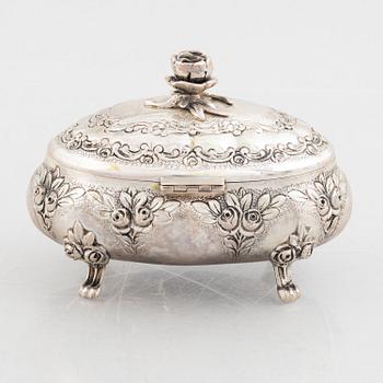 Sugar box, silver 830, Swedish import mark, and sugar tongs, sterling silver, Georg Jensen, Denmark.