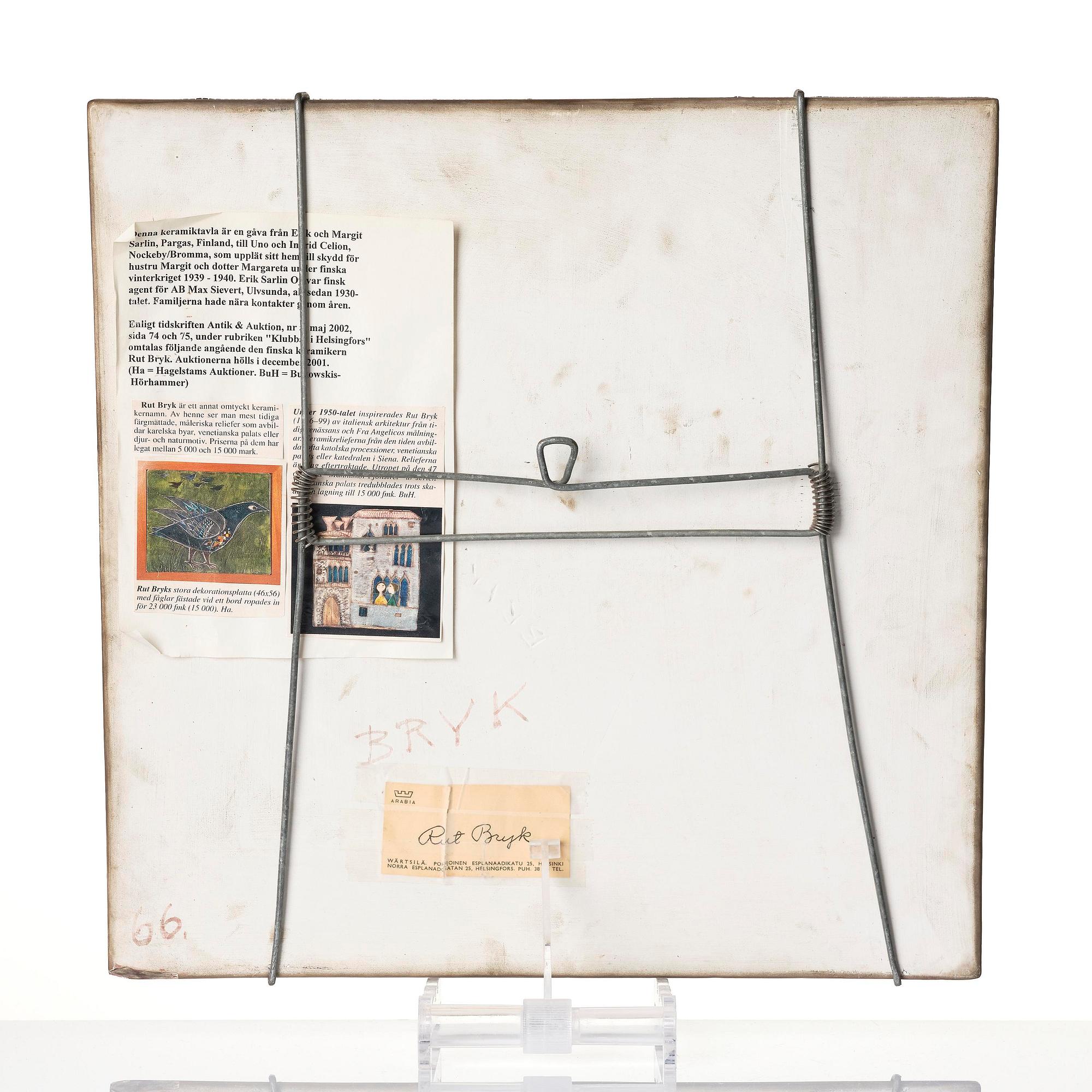 Rut Bryk, a stoneware relief depicting birds, Arabia, Finland, 1950s.