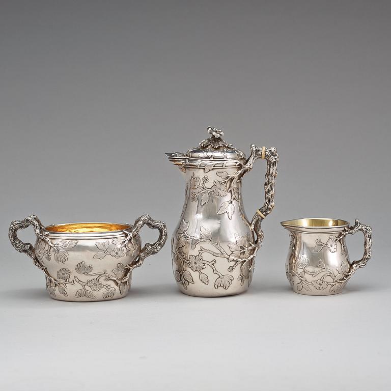 A Swedish 19th century parcel-gilt four piece coffée-set, makers mark of Gustaf Möllenborg, Stockholm 1849.