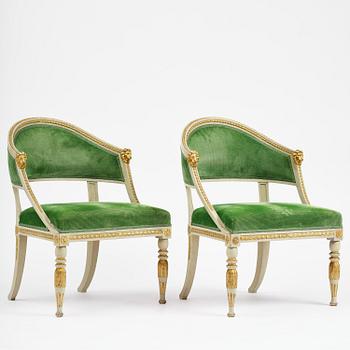 A pair of late Gustavian open armchairs, Stockholm, late 18th century.