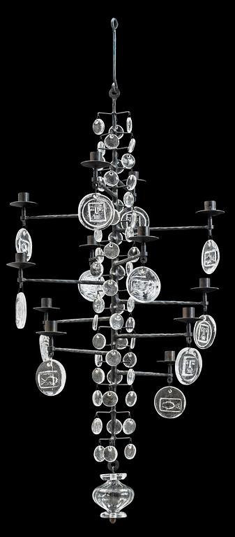 An Erik Höglund iron and cast glass chandelier for twelve candles, Boda Smide, Sweden.