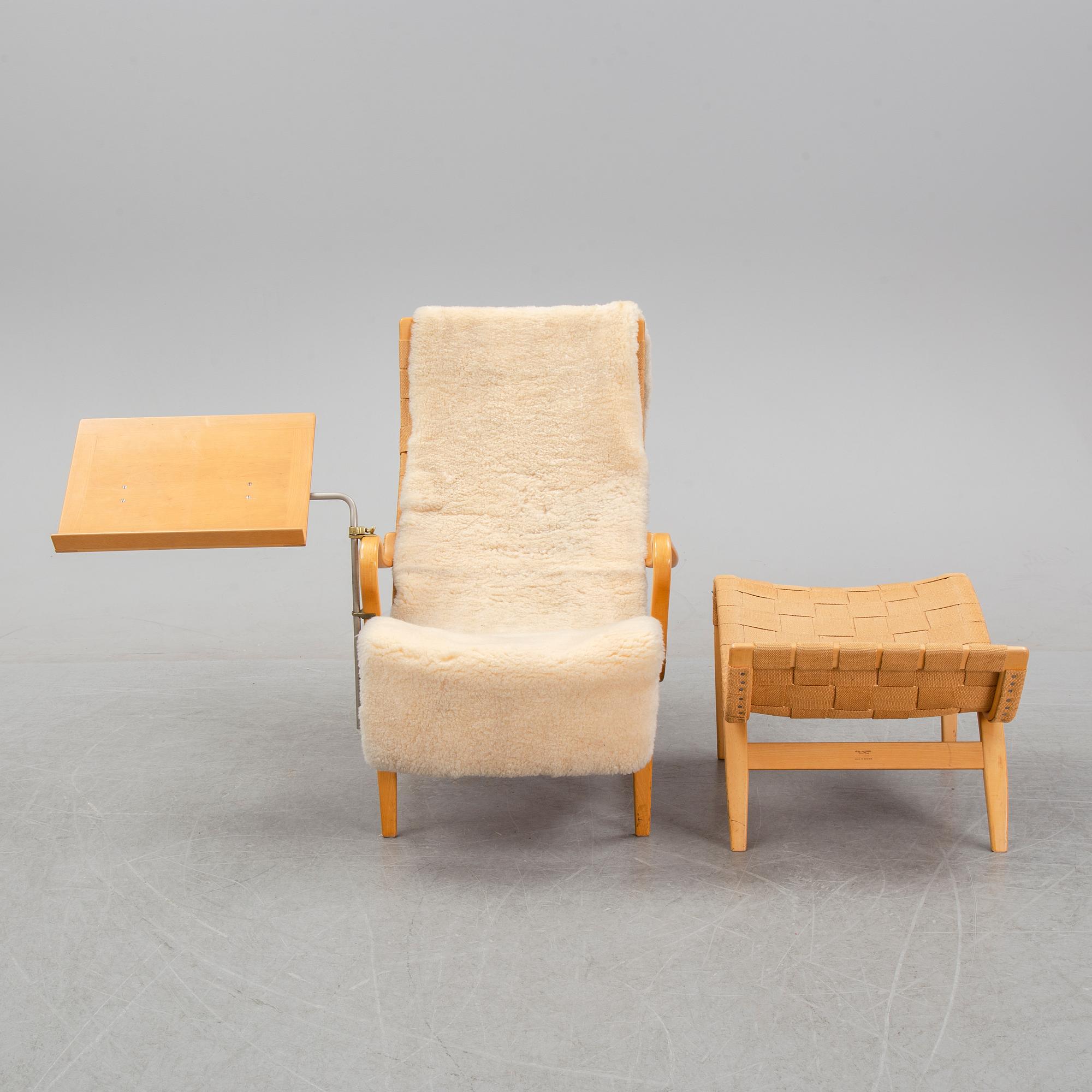 Bruno Mathsson, a 'Pernilla' armchair and a stool, Karl Mathsson, Värnamo, 1950's/60's.