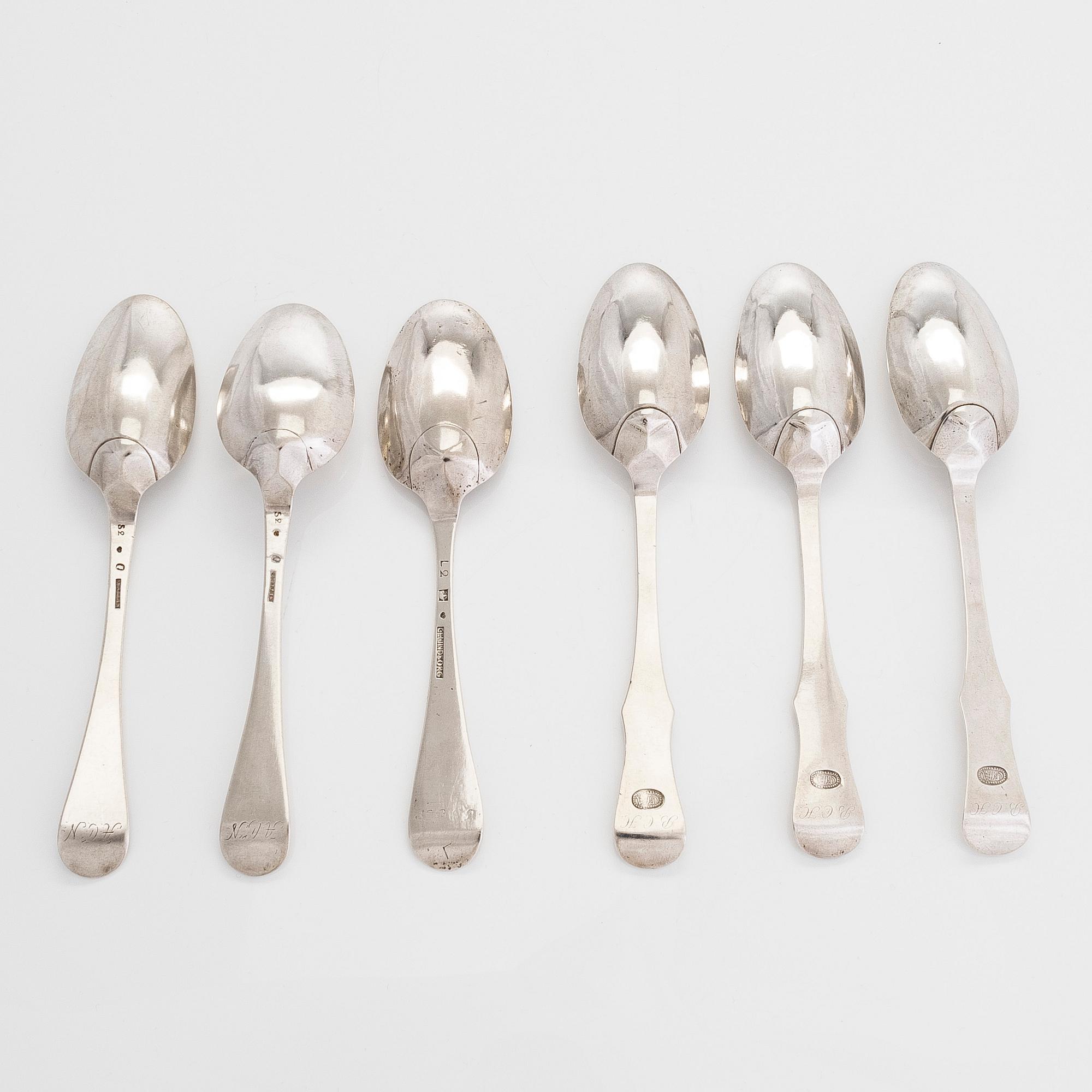 Matskedar, 6 st, silver, olika tillverkare, Sverige 1771-1800.