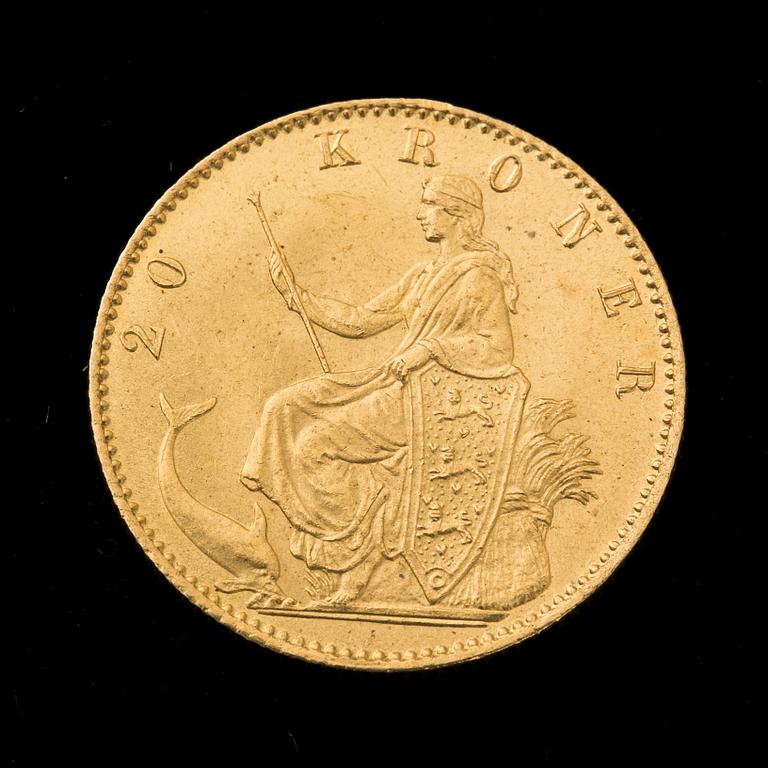 GULDMYNT, 20 kroner, Christian IX, Danmark, 1873. Vikt ca 9 gram.