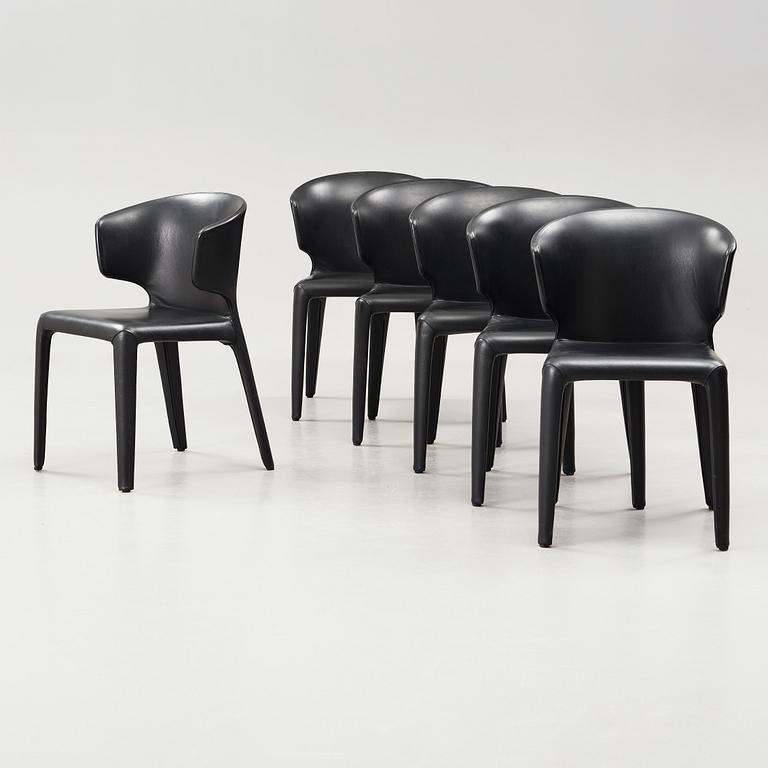 A set of six Hannes Wettstein 'Hola' black leather chairs, model 367, Cassina, Italy.