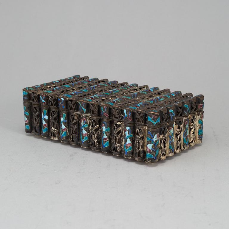 A Chinese copper plated with silver and alpaca and enamelled box with cover, 20th century.