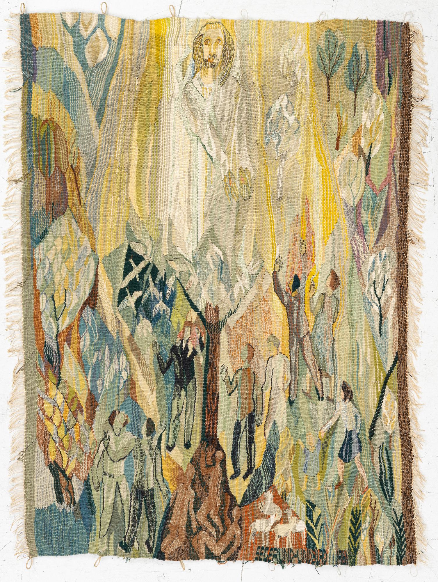 Inger Segerlind-Lindblad, vävnad, gobelängteknik, ca 97 x 70 cm, signerad o daterad 1961.