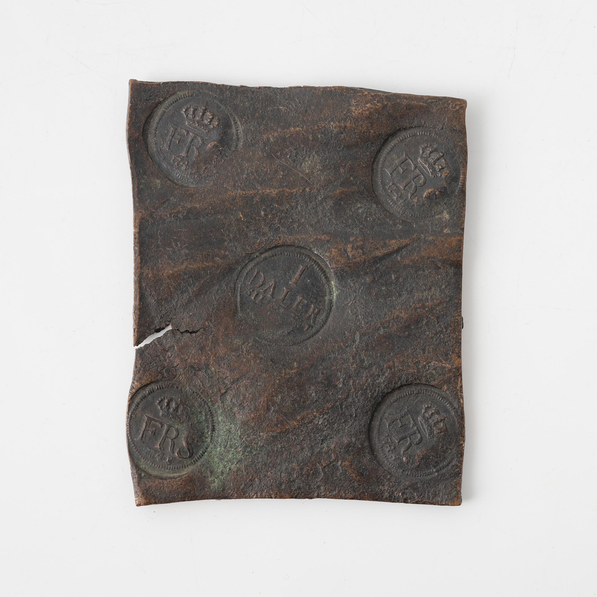 A Swedish plate money, 1 daler SM, 1748.