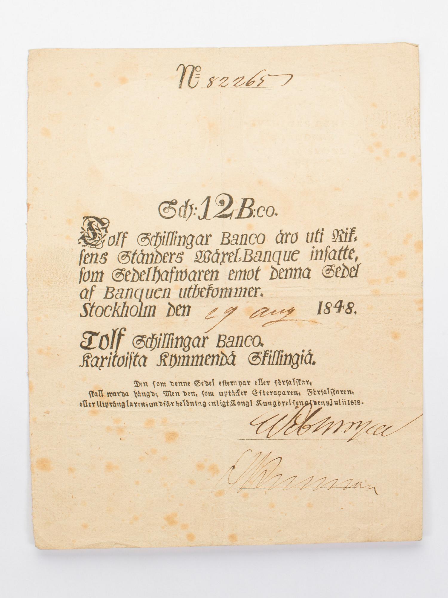 BANCOSEDEL, "12 Schillingar Banco" Stockholm den 29 aug. 1848.