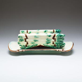 SPARRISFAT, 2 delar, flintgods. Majolika, Gustavsberg, omkring 1900.