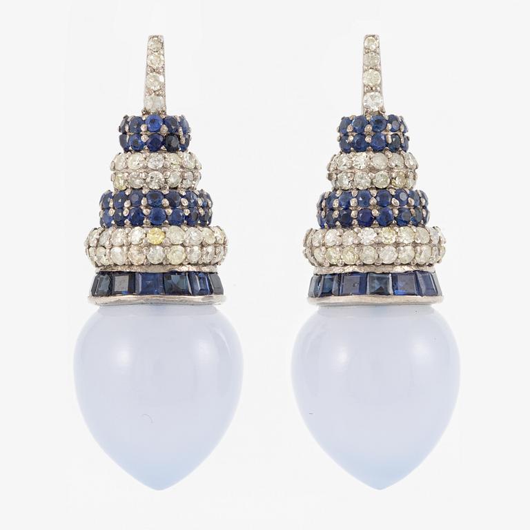 Earrings, silver and 14K gold with blue chalcedony, sapphire, and diamonds.