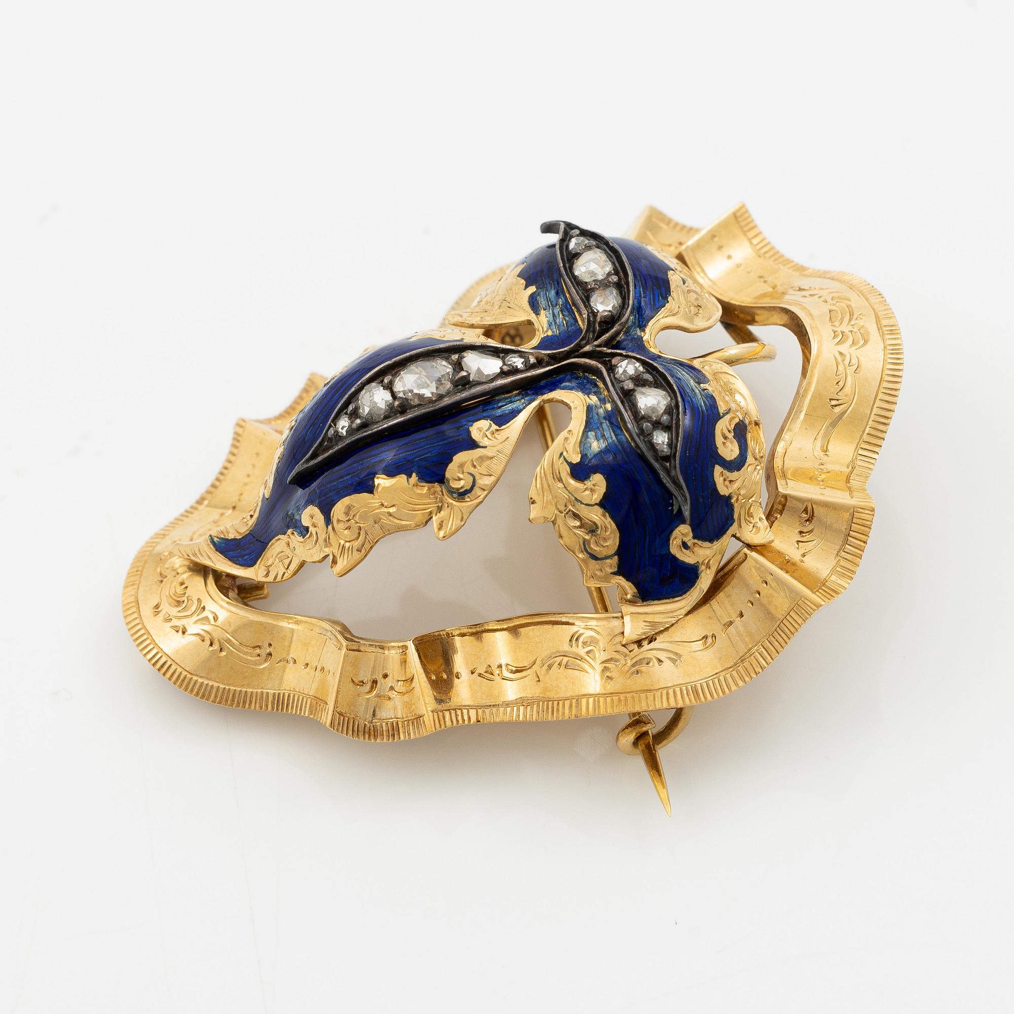 Brosch/hänge 18K guld och emalj och rosenslipade diamanter, 1800-tal.