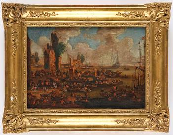 Adrian Frans Boudewijns, hans krets, Hamnscen med rikt figurstaffage.