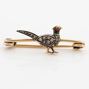 Brosch, i form av fasan, guld och silver med rosenslipade diamanter och emalj.