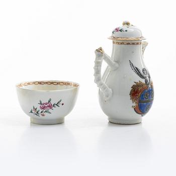 A jug, a ladle dish and a cup, all with the noble family Du Rées coat of arms, Qing dynasty, Qianlong (1736-95).