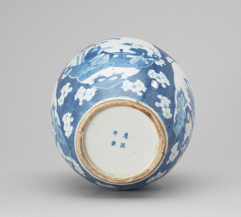 A blue and white jar, late Qing dynasty, Kangxi-style, with Kangxi's four character mark.
