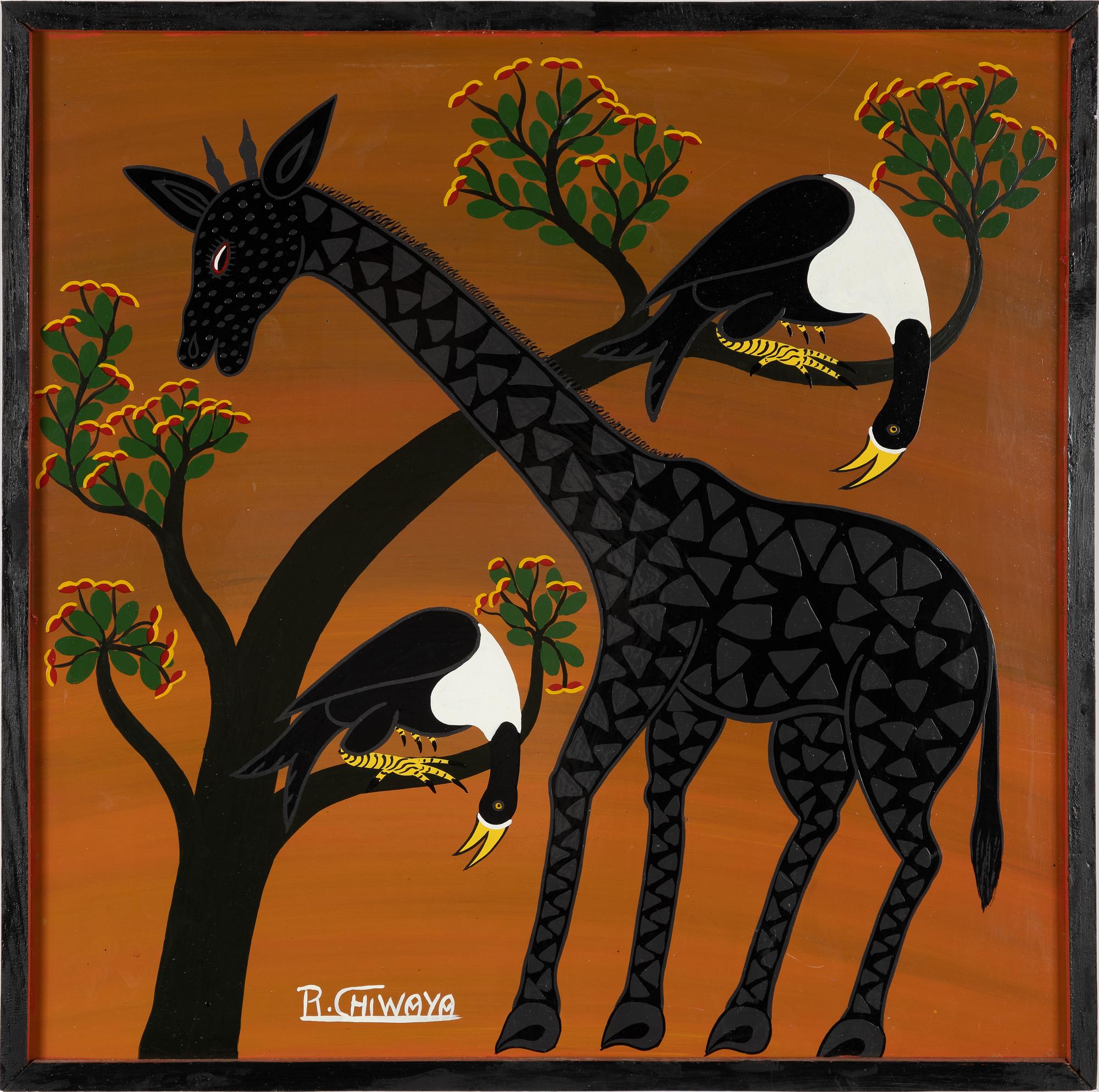 Rajabu Chiwaya, Giraff och fåglar i träd. Omkring 1900-talets mitt.