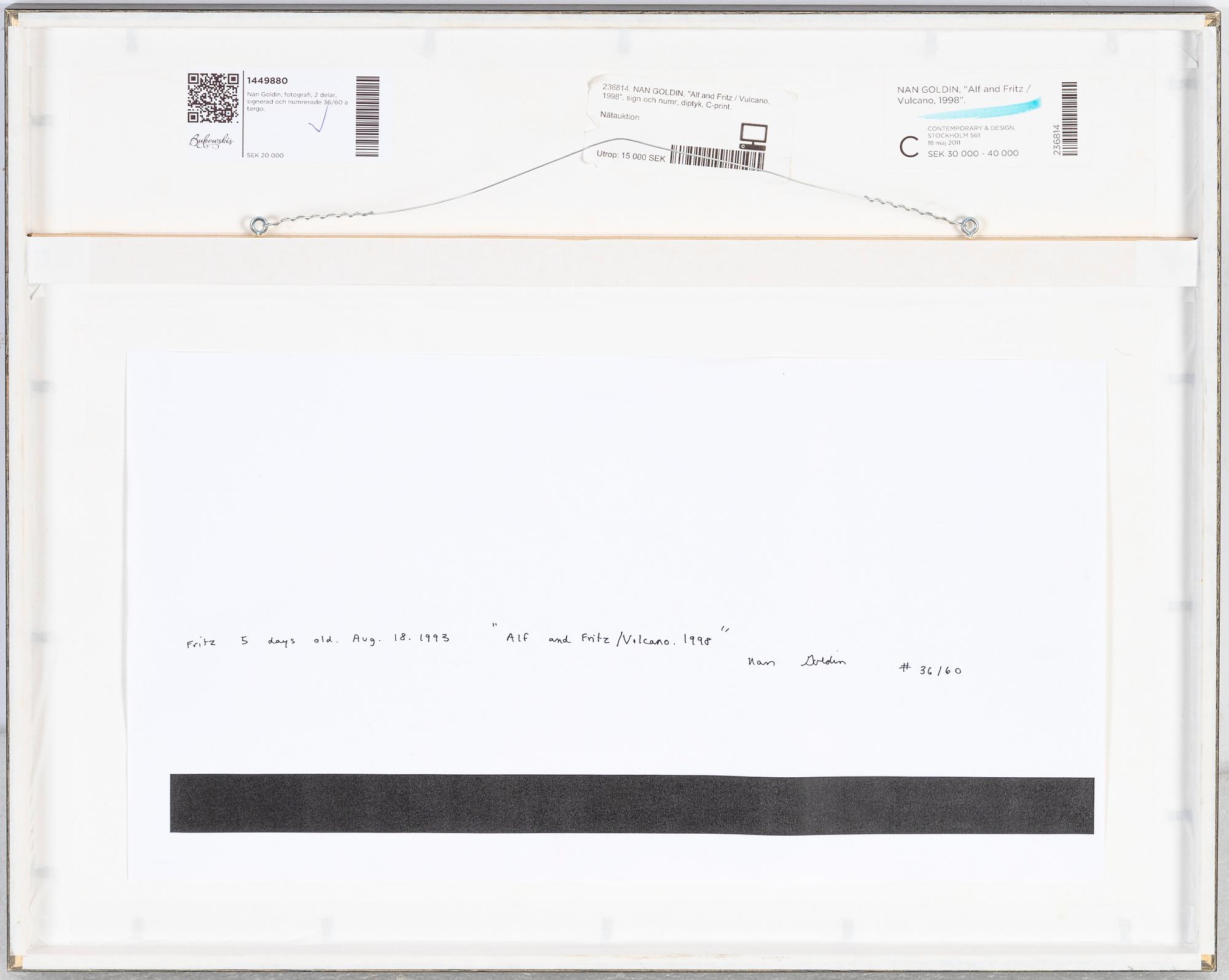 Nan Goldin, photograph, two parts, signed and numbered 36/60 verso.