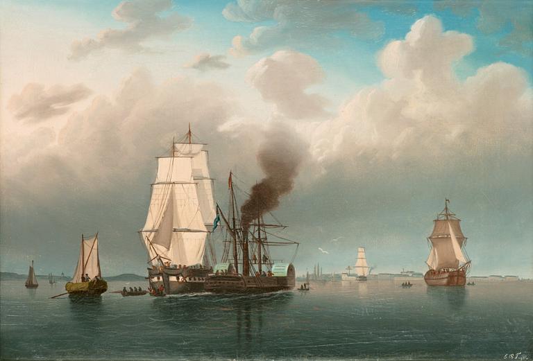 Carl Abraham Rothstén Tillskriven, Vy mot Sveaborg med segelfartyg, hjulångare och den optiska telegrafen.