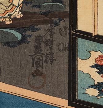 Utagawa Kunisada, Hana (Flowers) Kacho fugetsu no uchi och motiv av kurtisan och tjänare.