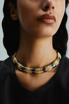 A Bulgari 18K gold and hematite necklace set with round brilliant-cut diamonds.