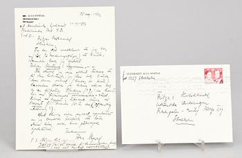BREV MED AUTOGRAF, Alva Myrdal, egenhändigt skrivet, sign o dat 15 aug 1976.