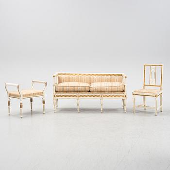 A Late Gustavian sofa, chair and stool, 19th and 20th century.