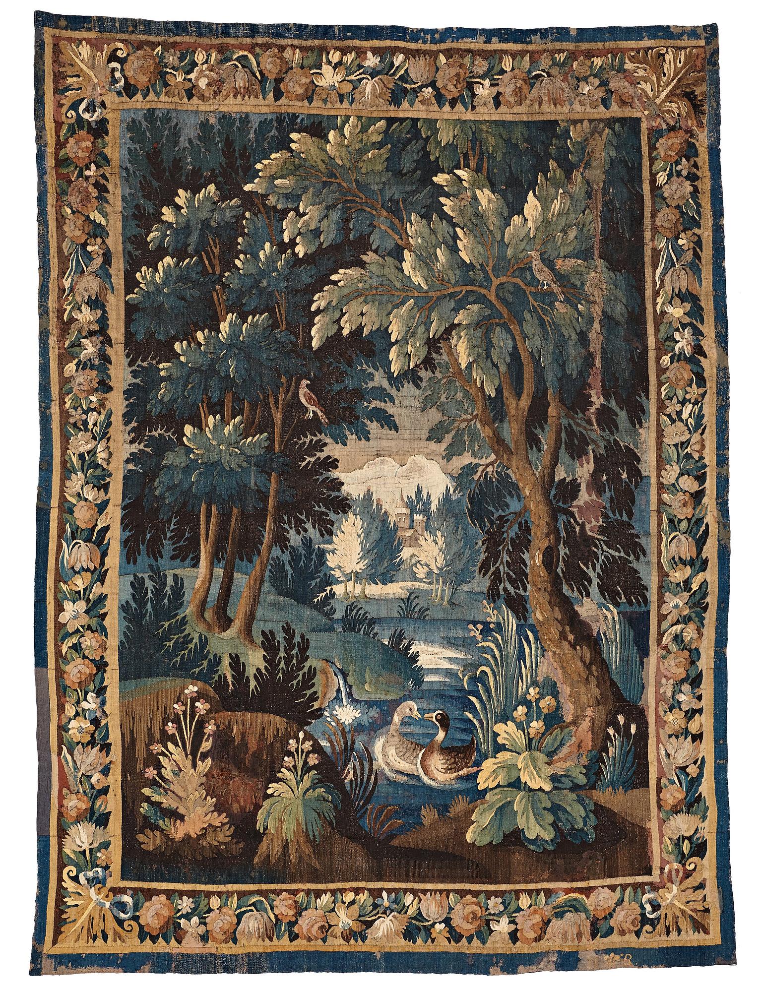 VÄVD TAPET, gobelängteknik, "Verdure", ca 304 x 224,5 cm, Flandern 1600-tal, signerad "W" en lilja "B".